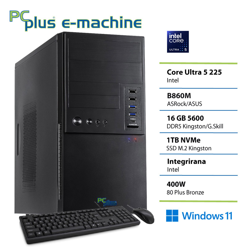PCPLUS e-machine Core Ultra 5 225 16GB 1TB SSD Windows 11 Home tipkovnica miška namizni računalnik