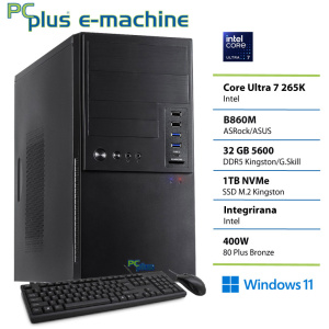 PCPLUS e-machine Core Ultra 7 265K 32GB 1TB SSD Windows 11 Home tipkovnica miška namizni računalnik
