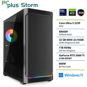 PCPLUS Storm Core Ultra 5 225F 32GB 1TB SSD RTX 5060Ti 8GB Windows 11 Home gaming namizni računalnik