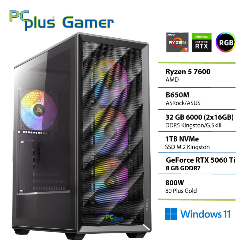 PCPLUS Gamer Ryzen 5 7600 32GB 1TB SSD RTX 5060Ti 8GB Windows 11 Home gaming namizni računalnik
