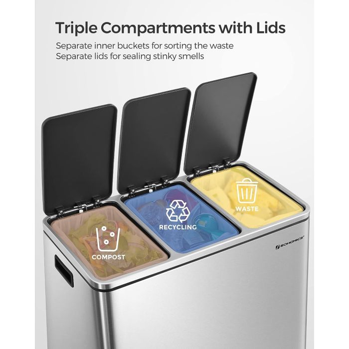 SONGMICS koš za ločevanje odpadkov 3x 18L srebrno črn, LTB54NL - slika 3