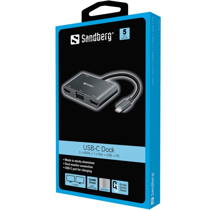 Sandberg USB-C Dock 2xHDMI+1xVGA+USB+PD priklopna postaja - slika 2