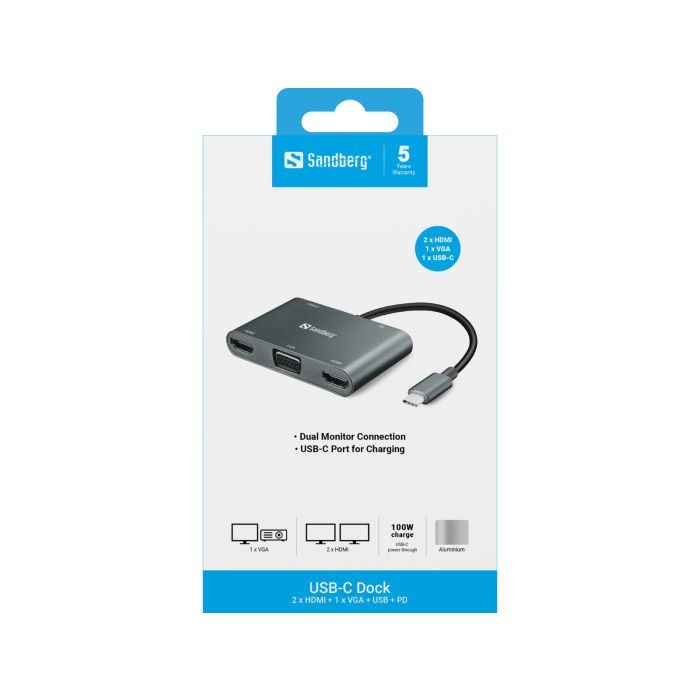Sandberg USB-C Dock 2xHDMI+1xVGA+USB+PD priklopna postaja - slika 3