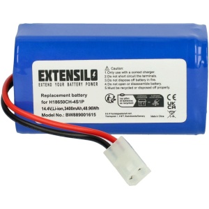 <b>Opis:</b><br><ul><li>Baterija za robotske sesalnike Xiaomi<br></li><li>Nadomestna baterija je izdelana po zasnovi in tehnologiji nemškega proizvajalca Extensilo, kar zagotavlja odlično kvaliteto<br></li><li>Najsodobnejša tehnologija omogoča veliko ciklov polnjenja in praznjenja<br></li><li>Li-Ion celice so prijazne okolju, obenem pa zagotavljajo delovanje brez spominskega učinka<br></li><li>Termično stikalo ščiti baterijske celice pred pregrevanjem, prenapolnitvijo in kratkim stikom<br></li><li>Visoka kapaciteta baterije, podaljšan čas delovanja pri mirovanju naprave, zelo počasno samopraznjenje<br></li><li>100% kompatibilnost z originalno baterijo</li><li>Baterijo polnimo z originalnim ali nadomestnim polnilcem</li><li>Certifikati CE in ROHS</li></ul><br><br><p><b>Originalne oznake:</b><br></p><ul><li>H18650CH-4S1P<br></li></ul><br><p><b>Primerno za:</b></p>Xiaomi:<br><ul><li>MiJia Mi Robot Vacuum-Mop Essential G1, MJSTG1, SKV4136GL, MiJia G1,&nbsp;Robot Vacuum E12</li></ul><br>Phicomm:<br><ul><li>X3</li></ul><br>Flyco:<br><ul><li>FC9601, FC9602</li></ul><br>Neatsvor:<br><ul><li>X500</li></ul><br>Puppy:<br><ul><li>R30, R35</li></ul><br>Panasonic:<br><ul><li>MC-WRC53</li></ul><br><br><b>Lastnosti:</b><ul><li>Proizvajalec: Extensilo</li><li>Vrsta: Li-Ion</li><li>Napetost: 14,4 V</li><li>Kapaciteta: 3.200 mAh (46 Wh)</li></ul><br>