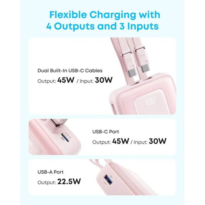 Anker Zolo Powerbank 20000 mAh, 45W z vgrajenima kabloma USB-C, črn - slika 4