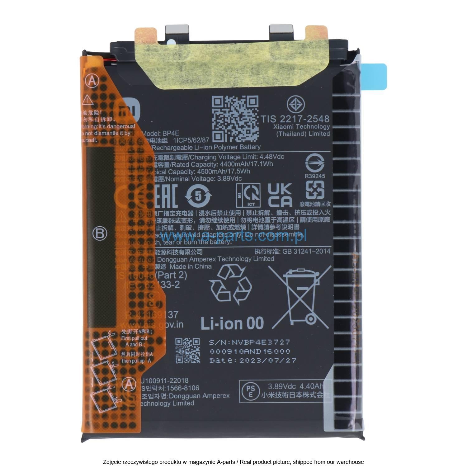 Opis:Originalna baterija proizvajalca XiaomiNajsodobnejša tehnologija omogoča veliko ciklov polnjenja in praznjenjaLi-Polymer celice so prijazne okolju, obenem pa zagotavljajo delovanje brez spominskega učinkaTermično stikalo ščiti baterijske celice pred pregrevanjem, prenapolnitvijo in kratkim stikomVisoka kapaciteta baterije, podaljšan čas delovanja pri mirovanju naprave, zelo počasno samopraznjenje100% kompatibilnost z originalno baterijoBaterijo polnimo z originalnim ali nadomestnim polnilcemCertifikati CE in ROHSOriginalne oznake:BP4EPrimerno za:Xiaomi:13 LiteLastnosti:Proizvajalec: XiaomiVrsta: Li-PolymerNapetost: 3,89 VKapaciteta: 4.500 mAh (17,5 Wh)