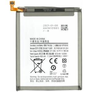 <b>Opis:</b><br><ul><li>Nadomestna baterija je izdelana po zasnovi in tehnologiji nemškega proizvajalca MPS, kar zagotavlja odlično kvaliteto<br></li><li>Najsodobnejša tehnologija omogoča veliko ciklov polnjenja in praznjenja<br></li><li>Li-Polymer celice so prijazne okolju, obenem pa zagotavljajo delovanje brez spominskega učinka<br></li><li>Termično stikalo ščiti baterijske celice pred pregrevanjem, prenapolnitvijo in kratkim stikom<br></li><li>Visoka kapaciteta baterije, podaljšan čas delovanja pri mirovanju naprave, zelo počasno samopraznjenje<br></li><li>100% kompatibilnost z originalno baterijo</li><li>Baterijo polnimo z originalnim ali nadomestnim polnilcem</li><li>Certifikati CE in ROHS</li></ul><br><br><p><b>Originalne oznake:</b></p><ul><li>EB-BA715ABY<br></li><li>GH82-22153A</li></ul><br><br><p><b>Primerno za:</b></p><p>Samsung:</p><ul><li>Galaxy A71, SM-A715F, SM-A7160, SM-A716B, SM-A716G, SM-A716U<br></li></ul><br><b>Lastnosti:</b><ul><li>Proizvajalec: MPS</li><li>Vrsta: Li-Polymer</li><li>Napetost: 3,85 V</li><li>Kapaciteta: 4.500 mAh (17,33 Wh)</li></ul><br>