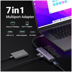 Ugreen 7v1 USB-C HUB HDMI+RJ45+čitalec kartic+USB+PD 100W