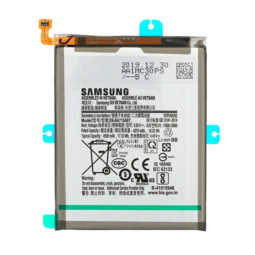 Opis:Originalna baterija proizvajalca SamsungNajsodobnejša tehnologija omogoča veliko ciklov polnjenja in praznjenjaLi-Polymer celice so prijazne okolju, obenem pa zagotavljajo delovanje brez spominskega učinkaTermično stikalo ščiti baterijske celice pred pregrevanjem, prenapolnitvijo in kratkim stikomVisoka kapaciteta baterije, podaljšan čas delovanja pri mirovanju naprave, zelo počasno samopraznjenjeBaterijo polnimo z originalnim ali nadomestnim polnilcemCertifikati CE in ROHSOriginalne oznake:EB-BA715ABYGH82-22153APrimerno za:Samsung:Galaxy A71, SM-A715F, SM-A7160, SM-A716B, SM-A716G, SM-A716ULastnosti:Proizvajalec: SamsungVrsta: Li-PolymerNapetost: 3,85 VKapaciteta: 4.500 mAh (17,33 Wh)