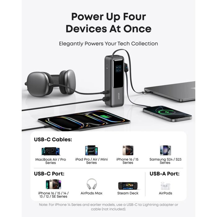 Anker Powerbank 25000 mAh z vgrajenim kablom USB-C, 165W, črn - slika 4