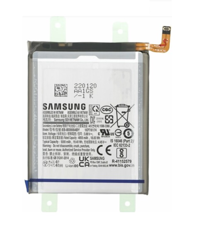 Opis:Originalne oznake:EB-BS908ABYGH82-27484APrimerno za:Samsung:Galaxy S22 Ultra 5G, SM-S908B, SM-S908B/DS, SM-S908U, SM-S908U1, SM-S908W, SM-S908N, SM-S9080, SM-S908E, SM-S908E/DSLastnosti:Proizvajalec: SamsungVrsta: Li-PolymerNapetost: 3,88 VKapaciteta: 5.000 mAh (19,40 Wh)