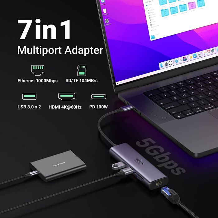 Ugreen 7v1 USB-C HUB HDMI+RJ45+čitalec kartic+USB+PD 100W - slika 2