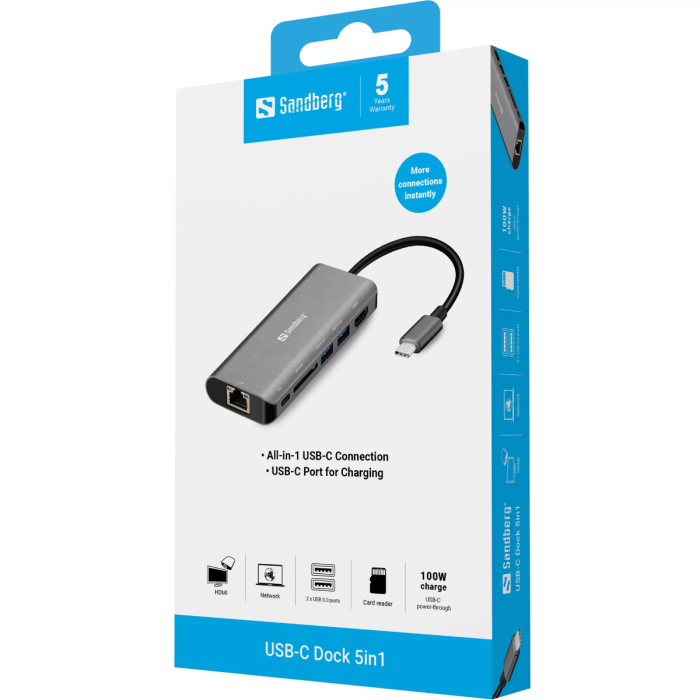 Sandberg USB-C Dock HDMI+LAN+SD+USB 100W priklopna postaja - slika 2