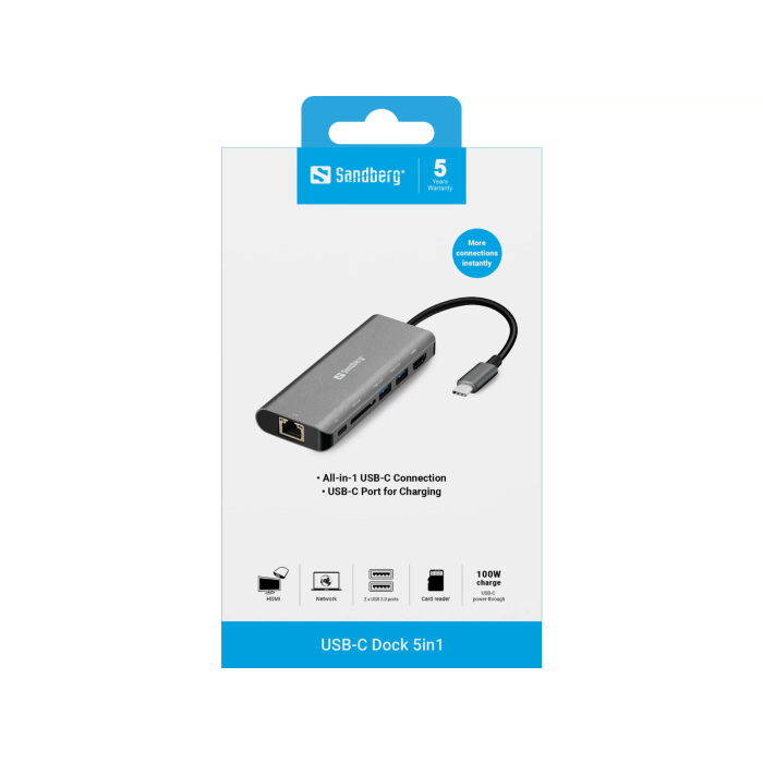 Sandberg USB-C Dock HDMI+LAN+SD+USB 100W priklopna postaja - slika 3