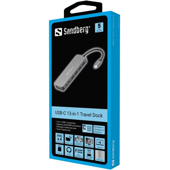 Sandberg USB-C 13-v-1 Travel Dock priklopna postaja za prenosnike - slika 3