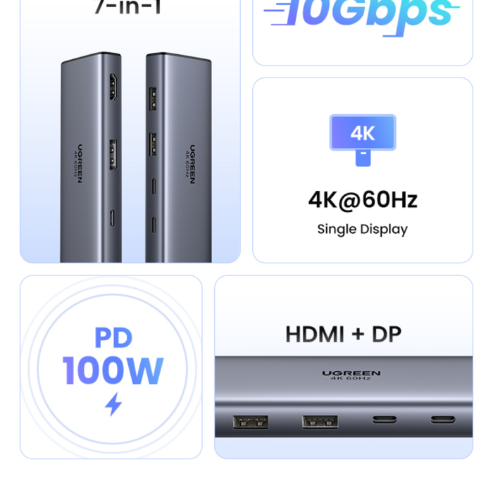 Ugreen 7v1 USB-C HUB HDMI+DP+USB+PD 100W - slika 4