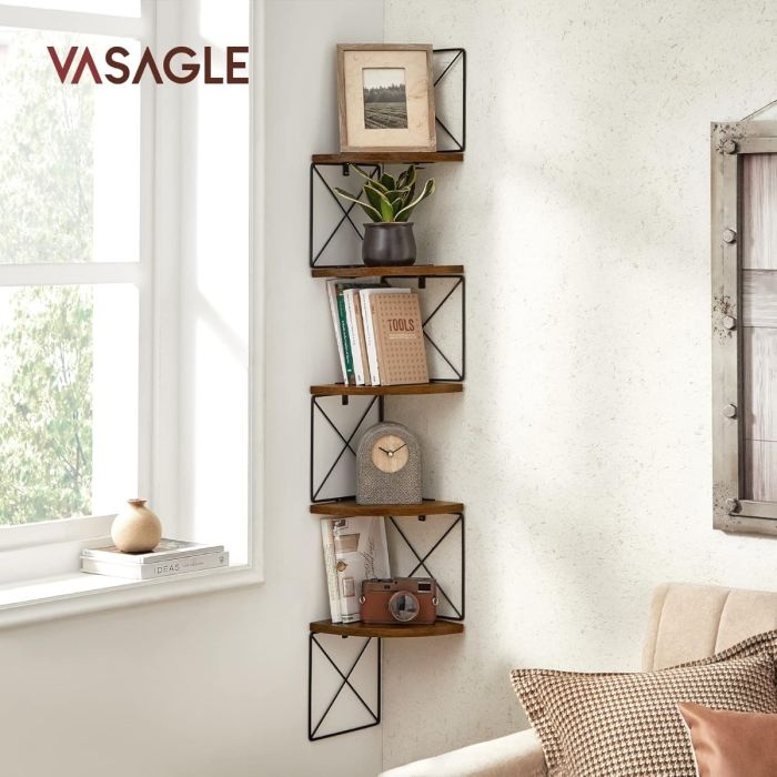 VASAGLE stenski kotni regal, 5-nivojski, rustikalno rjav in črn, 127,5 × 20 × 20 cm, industrijski slog - slika 2