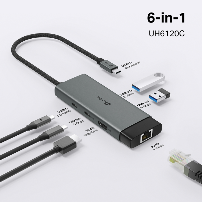 TP-LINK UH6120C 6-v-1 USB-C HUB priklopna postaja z 4K HDMI, Gigabit Ethernet in 100 W Power Delivery - slika 4
