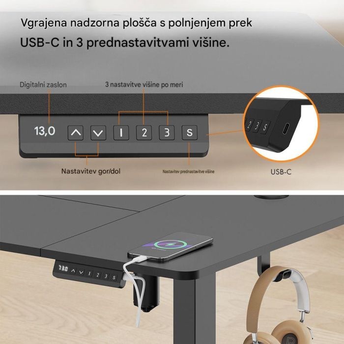 VonHaus Črna električno nastavljiva dvižna pisalna miza 140 × 60 cm z USB-C polnilnim priključkom - slika 3