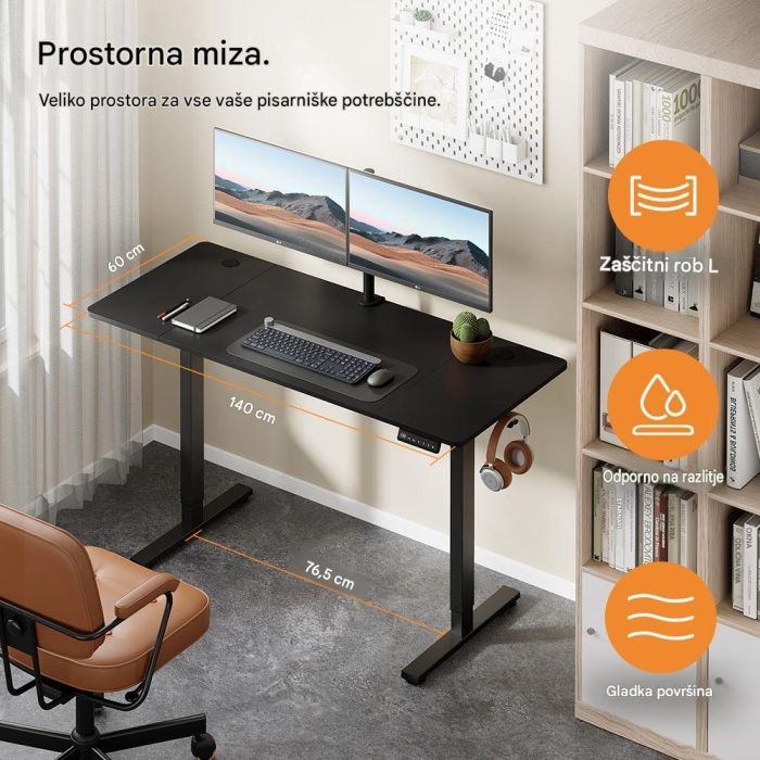 VonHaus Električna dvižna pisalna miza 140 × 60 cm, črno podnožje z orehovo delovno ploščo, USB-C polnilnim priključkom - slika 4