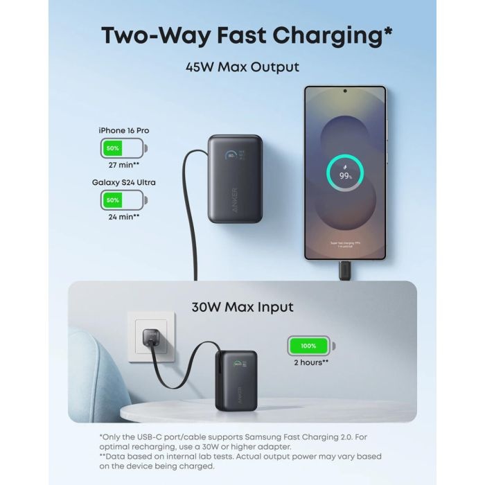 Anker Nano Power Bank 10000 mAh, 45W z vgrajenim USB-C kablom, črn - slika 4