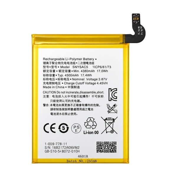 Opis:Nadomestna baterija je izdelana po zasnovi in tehnologiji nemškega proizvajalca MPS, kar zagotavlja odlično kvalitetoNajsodobnejša tehnologija omogoča veliko ciklov polnjenja in praznjenjaLi-Polymer celice so prijazne okolju, obenem pa zagotavljajo delovanje brez spominskega učinkaTermično stikalo ščiti baterijske celice pred pregrevanjem, prenapolnitvijo in kratkim stikomVisoka kapaciteta baterije, podaljšan čas delovanja pri mirovanju naprave, zelo počasno samopraznjenje100% kompatibilnost z originalno baterijoBaterijo polnimo z originalnim ali nadomestnim polnilcemCertifikati CE in ROHSOriginalne oznake:SNYSAC5Primerno za:Sony:Sony Xperia 10 IIISony Xperia 1 IIISony Xperia 5 III (XQBQ62/G, XQBQ52G.UKCX, XQBQ52B.UKCX, XQ-BQ52, XQ-BQ72, XQ-BQ42, XQ-BQ62, SO-53B)Sony Xperia 10 III LiteLastnosti:Proizvajalec: MPSVrsta: Li-PolymerNapetost: 3,85 VKapaciteta: 4.500 mAh (17,4 Wh)