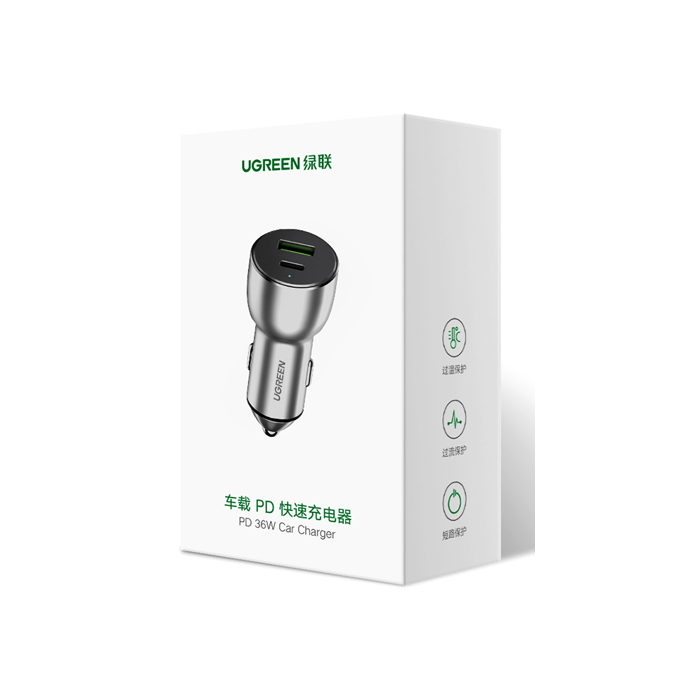 Ugreen avtopolnilec USB + USB-C PD 36W siv - box - slika 2