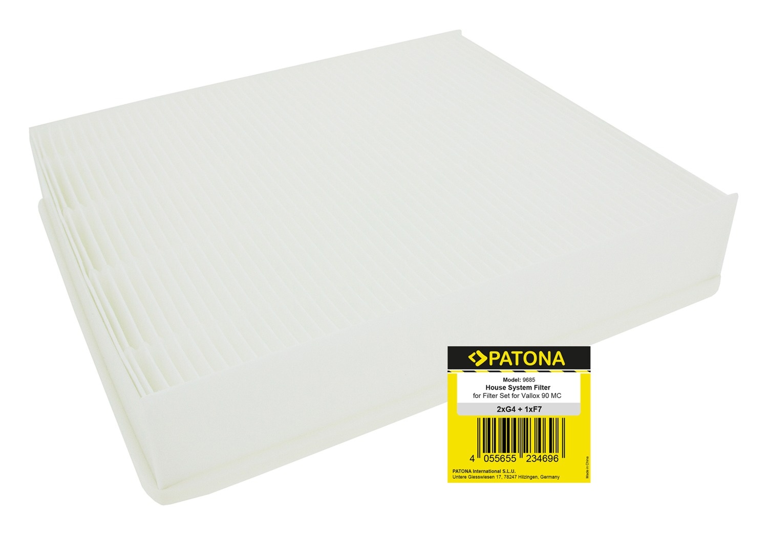 Nadomestni filter za čistilnike zraka Vallox. Vsebina kompleta:2 x filter G4 (31,7 cm x 18 cm x 1,7 cm + 31,7 cm x 26,5 cm x 1,7 cm)1 x filter F7 (25,6 cm x 22,1 cm x 4,7 cm)Originalne oznake:3260200Primerno za:Vallox:ValloPlus 90 SC, ValloPlus 90 SE, ValloPlus 90 MVLastnosti:Proizvajalec: Patona