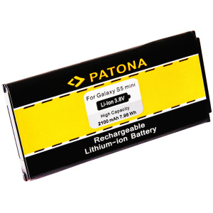 <b>Opis:</b><br><ul><li>Nadomestna baterija je izdelana po zasnovi in tehnologiji proizvajalca Patona, kar zagotavlja odlično kvaliteto<br></li><li>Najsodobnejša tehnologija omogoča veliko ciklov polnjenja in praznjenja<br></li><li>Li-Ion celice so prijazne okolju, obenem pa zagotavljajo delovanje brez spominskega učinka<br></li><li>Termično stikalo ščiti baterijske celice pred pregrevanjem, prenapolnitvijo in kratkim stikom<br></li><li>Visoka kapaciteta baterije, podaljšan čas delovanja pri mirovanju naprave, zelo počasno samopraznjenje<br></li><li>100% kompatibilnost z originalno baterijo</li><li>Baterijo polnimo z originalnim ali nadomestnim polnilcem</li><li>Certifikati CE in ROHS</li><li><b>Integrirana NFC antena</b></li></ul><br><br><p><b>Originalne oznake:</b></p><ul><li>EB-BG800</li><li>EB-BG800BBE</li><li>EB-BG800BBEGWW</li></ul><br><br><p><b>Primerno za:</b></p><p>Samsung:</p><ul><li>Galaxy S5 Mini, SM-G800, Galaxy S5 Dx, SM-G800F, SM-G800H, SM-G800R4, SM-G800Y</li></ul><br><b>Lastnosti:</b><ul><li>Proizvajalec: Patona</li><li>Vrsta: Li-Ion</li><li>Napetost: 3,8 V</li><li>Kapaciteta: 2.100 mAh (7,98 Wh)</li></ul><br>