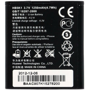 <b>Opis:</b><br><ul><li><b>Originalna baterija proizvajalca Huawei</b></li><li>Najsodobnejša tehnologija omogoča veliko ciklov polnjenja in praznjenja<br></li><li>Li-Ion celice so prijazne okolju, obenem pa zagotavljajo delovanje brez spominskega učinka<br></li><li>Termično stikalo ščiti baterijske celice pred pregrevanjem, prenapolnitvijo in kratkim stikom<br></li><li>Visoka kapaciteta baterije, podaljšan čas delovanja pri mirovanju naprave, zelo počasno samopraznjenje</li><li>Baterijo polnimo z originalnim ali nadomestnim polnilcem</li><li>Certifikati CE in ROHS</li></ul><br><br><p><b>Originalne oznake:</b></p><ul><li>HB5K1H<br></li></ul><br><br><p><b>Primerno za:</b></p><p>Huawei:</p><ul><li>C8650, IDEOS U8650, M865, Sonic, Sonic Ascend II, U8650, Ascend Y200, Ascend Y201<br></li></ul><br><b>Lastnosti:</b><ul><li>Proizvajalec: Huawei</li><li>Vrsta: Li-Ion</li><li>Napetost: 3,7 V</li><li>Kapaciteta: 1.250 mAh (4,62 Wh)</li></ul><br>