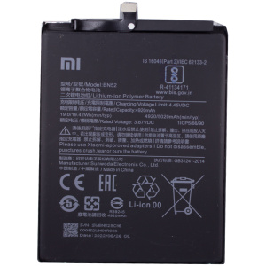 <br><b>Opis:</b><br><ul><li><b>Originalna baterija proizvajalca Xiaomi</b><br></li><li>Najsodobnejša tehnologija omogoča veliko ciklov polnjenja in praznjenja<br></li><li>Li-Ion celice so prijazne okolju, obenem pa zagotavljajo delovanje brez spominskega učinka<br></li><li>Termično stikalo ščiti baterijske celice pred pregrevanjem, prenapolnitvijo in kratkim stikom<br></li><li>Visoka kapaciteta baterije, podaljšan čas delovanja pri mirovanju naprave, zelo počasno samopraznjenje</li><li>Baterijo polnimo z originalnim ali nadomestnim polnilcem</li><li>Certifikati CE in ROHS</li></ul><br><br><p><b>Originalne oznake:</b><br></p><ul><li>BN52</li></ul><br><p><b>Primerno za:</b></p>Xiaomi:<ul><li>Poco M2 Pro</li><li>Redmi&nbsp;Note 9 Pro,&nbsp;M2003J6B2G, M2003J6A1I</li><li>Redmi&nbsp;Note 9S,&nbsp;M2003J6A1G</li></ul><br><b>Lastnosti:</b><ul><li>Proizvajalec: Xiaomi</li><li>Vrsta: Li-Polymer</li><li>Napetost: 3,87 V</li><li>Kapaciteta: 5.020 mAh (19,42 Wh)</li></ul><br>