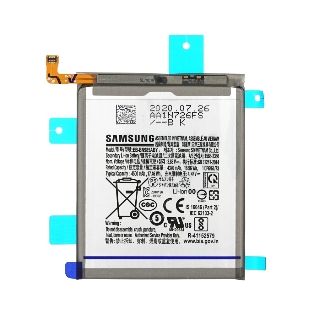 Opis:Originalna baterija proizvajalca SamsungNajsodobnejša tehnologija omogoča veliko ciklov polnjenja in praznjenjaLi-Polymer celice so prijazne okolju, obenem pa zagotavljajo delovanje brez spominskega učinkaTermično stikalo ščiti baterijske celice pred pregrevanjem, prenapolnitvijo in kratkim stikomVisoka kapaciteta baterije, podaljšan čas delovanja pri mirovanju naprave, zelo počasno samopraznjenje100% kompatibilnost z originalno baterijoBaterijo polnimo z originalnim ali nadomestnim polnilcemCertifikati CE in ROHSOriginalne oznake:EB-BN985ABYGH82-23333APrimerno za:Samsung:Galaxy Note 20 Ultra, Galaxy Note 20 Ultra UW 5G, Note 20 Ultra 5G, M-N986D, SC-53A, SCG06, SGH-N219, SGH-N323, SM-N985, SM-N985F/DS, SM-N985T, SM-N9860, SM-N986A, SM-N986B/DS, SM-N986C, SM-N986J, SM-N986N, SM-N986P, SM-N986U, SM-N986U1, SM-N986V, SM-N986WLastnosti:Proizvajalec: SamsungVrsta: Li-PolymerNapetost: 3,88 VKapaciteta: 4.500 mAh (17,46 Wh)