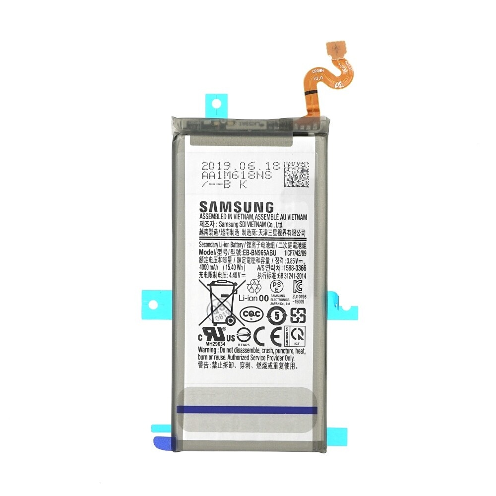 Opis:Originalne oznake:EB-BN965ABEEB-BN965ABUPrimerno za:Samsung:Galaxy Note 9, Galaxy Note 9 Duos, Galaxy Note 9 TD-LTE, Note 9 Duos TD-LTE, SGH-N058, SM-N9600, SM-N960D, SM-N960F, SM-N960N, SM-N960U, CrownLastnosti:Proizvajalec: SamsungVrsta: Li-PolymerNapetost: 3,85 VKapaciteta: 4.000 mAh (15,40 Wh)