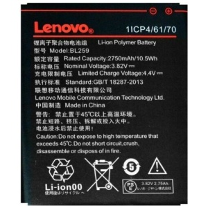 <b>Opis:</b><br><ul><li><b>Originalna baterija proizvajalca Lenovo</b><br></li><li>Najsodobnejša tehnologija omogoča veliko ciklov polnjenja in praznjenja<br></li><li>Li-Ion celice so prijazne okolju, obenem pa zagotavljajo delovanje brez spominskega učinka<br></li><li>Termično stikalo ščiti baterijske celice pred pregrevanjem, prenapolnitvijo in kratkim stikom<br></li><li>Visoka kapaciteta baterije, podaljšan čas delovanja pri mirovanju naprave, zelo počasno samopraznjenje<br></li><li>Baterijo polnimo z originalnim ali nadomestnim polnilcem<br></li><li>Certifikati CE in ROHS</li></ul><br><br><p><b>Originalne oznake:</b></p><ul><li>BL259<br></li></ul><br><br><p><b>Primerno za:</b></p><p>Lenovo:</p><ul><li>Vibe K5,&nbsp;Vibe K5 Plus, C2, K3, K32, K32C30, K32C36,&nbsp;A6020, A40,&nbsp;K10A40, Lemon 3</li></ul><br><b>Lastnosti:</b><ul><li>Proizvajalec: Lenovo</li><li>Vrsta: Li-Ion</li><li>Napetost: 3,82 V</li><li>Kapaciteta: 2.750 mAh (10,5 Wh)</li></ul><br>