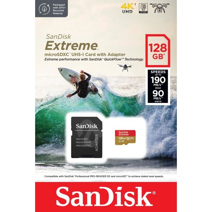SANDISK Extreme microSDXC 128GB for Action Cams and Drones + SD Adapter 190MB/s & 90MB/s A2 C10 V30 - slika 3