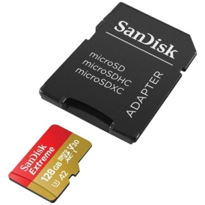 SANDISK Extreme microSDXC 128GB for Action Cams and Drones + SD Adapter 190MB/s & 90MB/s A2 C10 V30