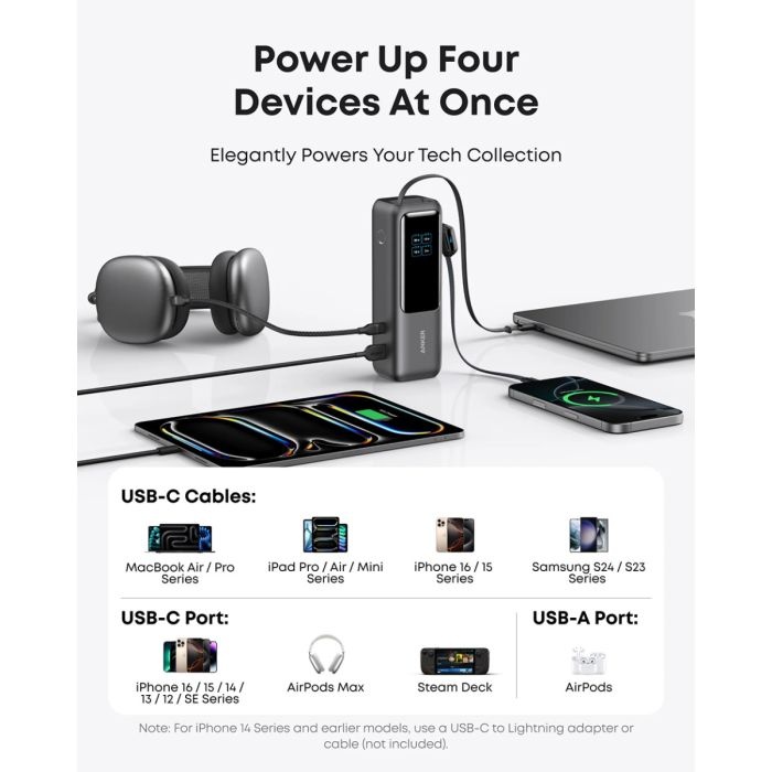 Anker Powerbank 25000 mAh z vgrajenim kablom USB-C, 165W, črn - slika 4